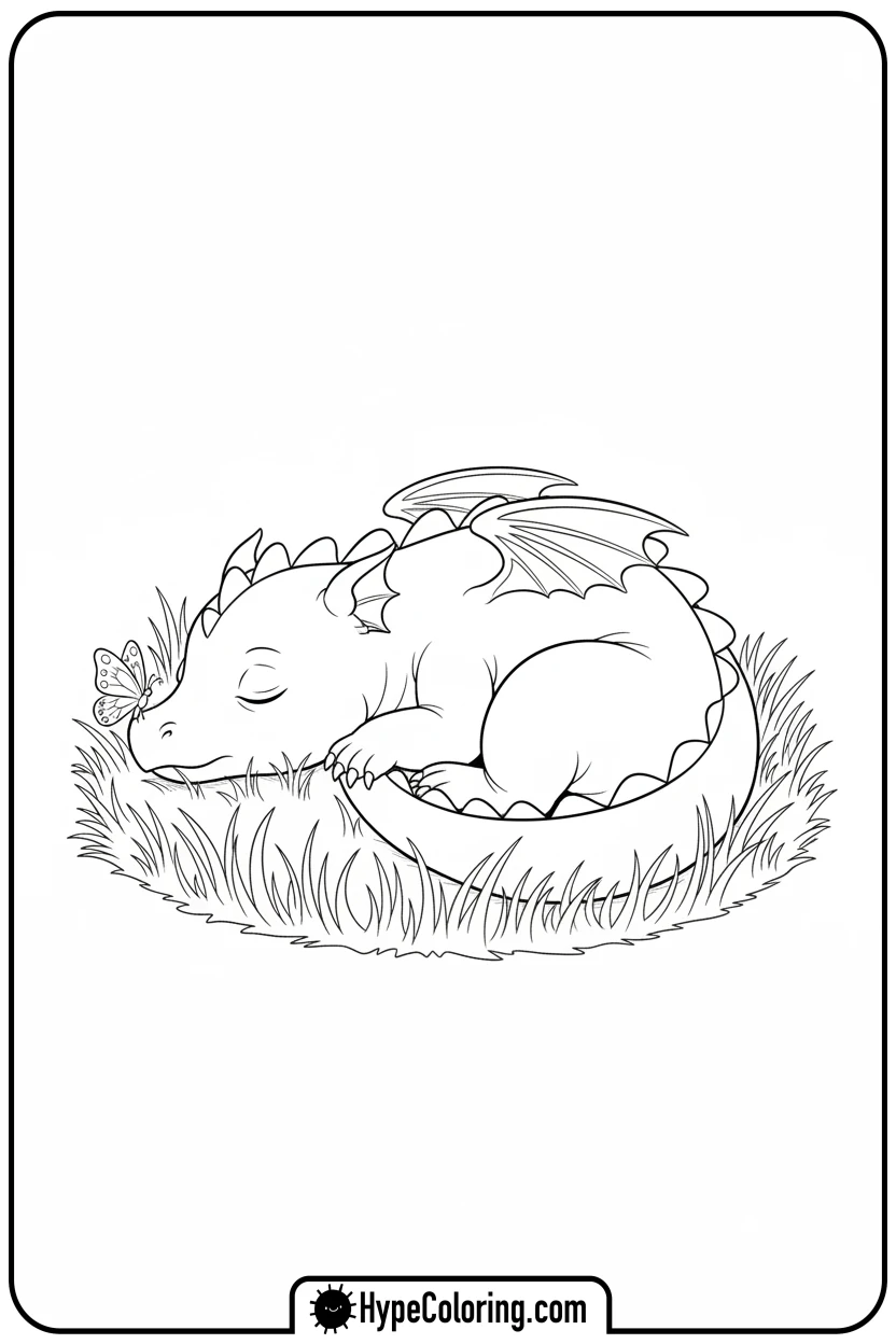 baby-dragon-sleeping-with-butterfly - dragon coloring sheet
