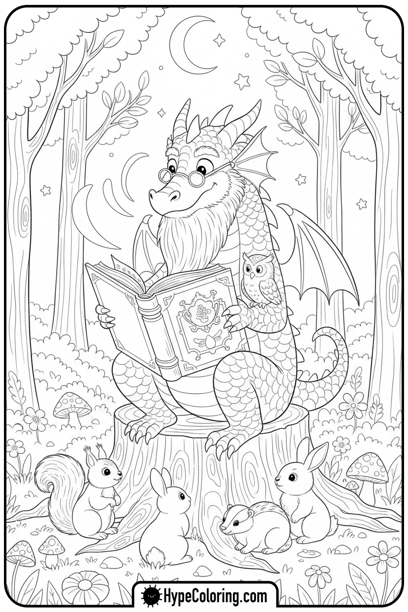 dragon-reading-to-animals - dragon coloring sheet