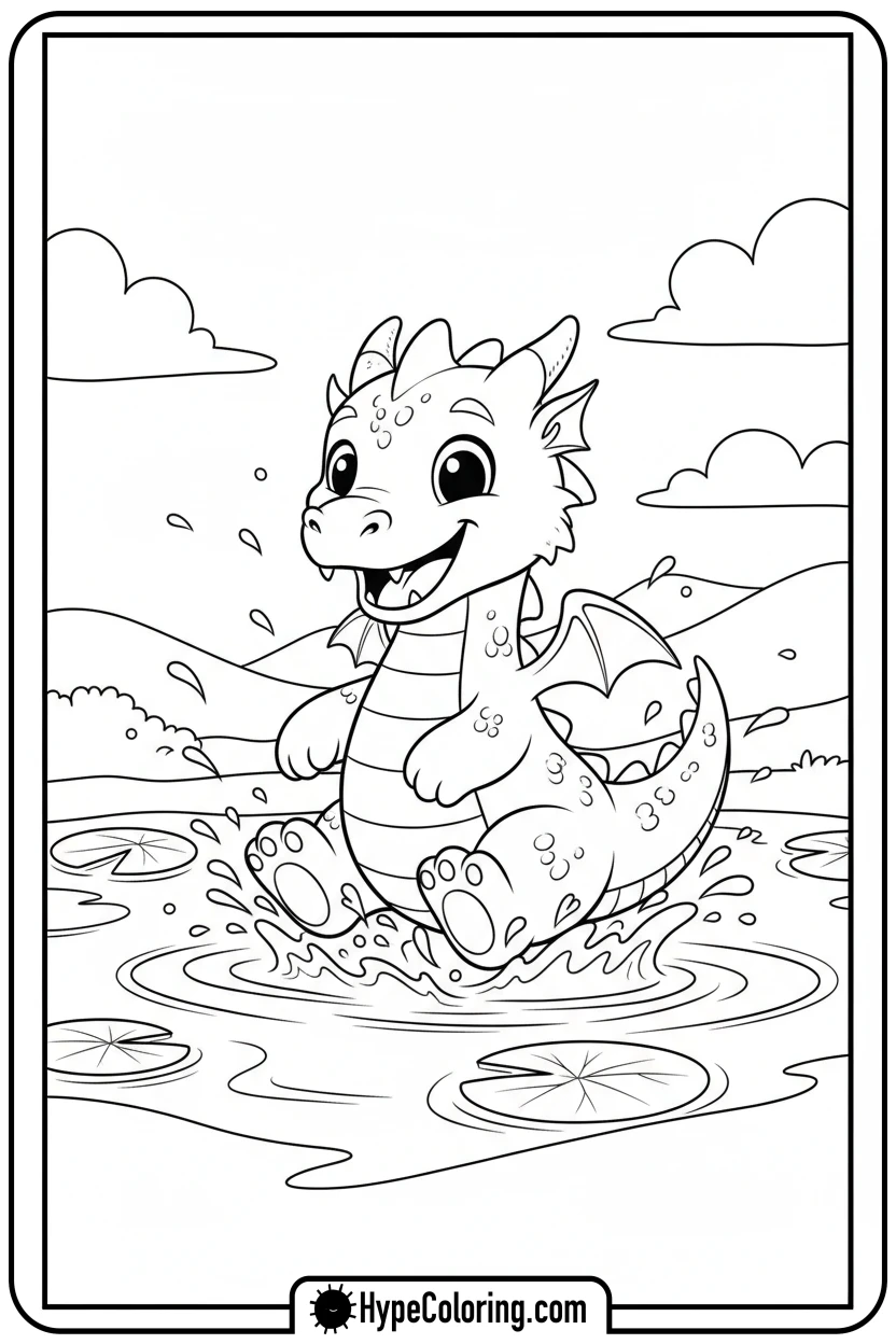 dragon-splashing-in-pond - dragon coloring sheet
