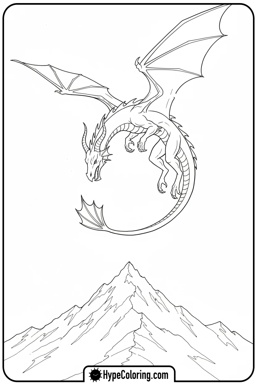 dragon-diving-toward-mountain - dragon coloring sheet