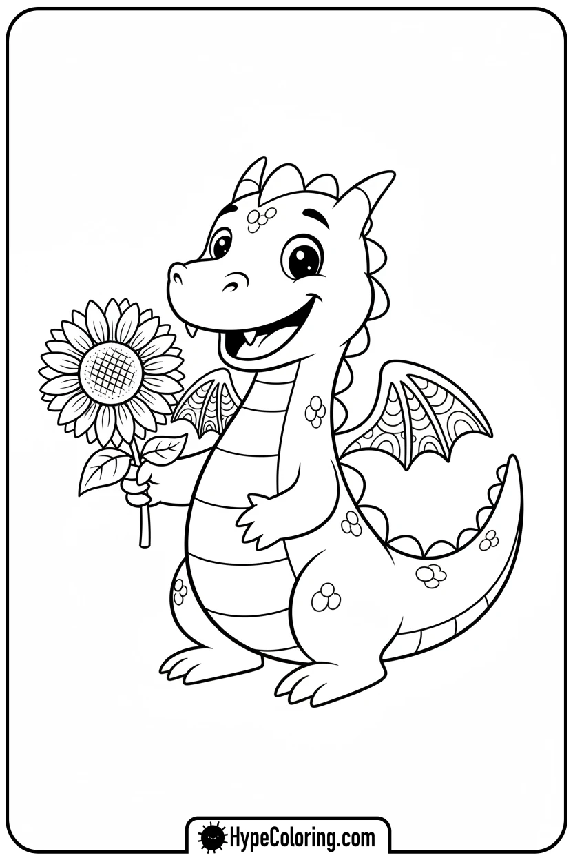 dragon-holding-sunflower - dragon coloring sheet