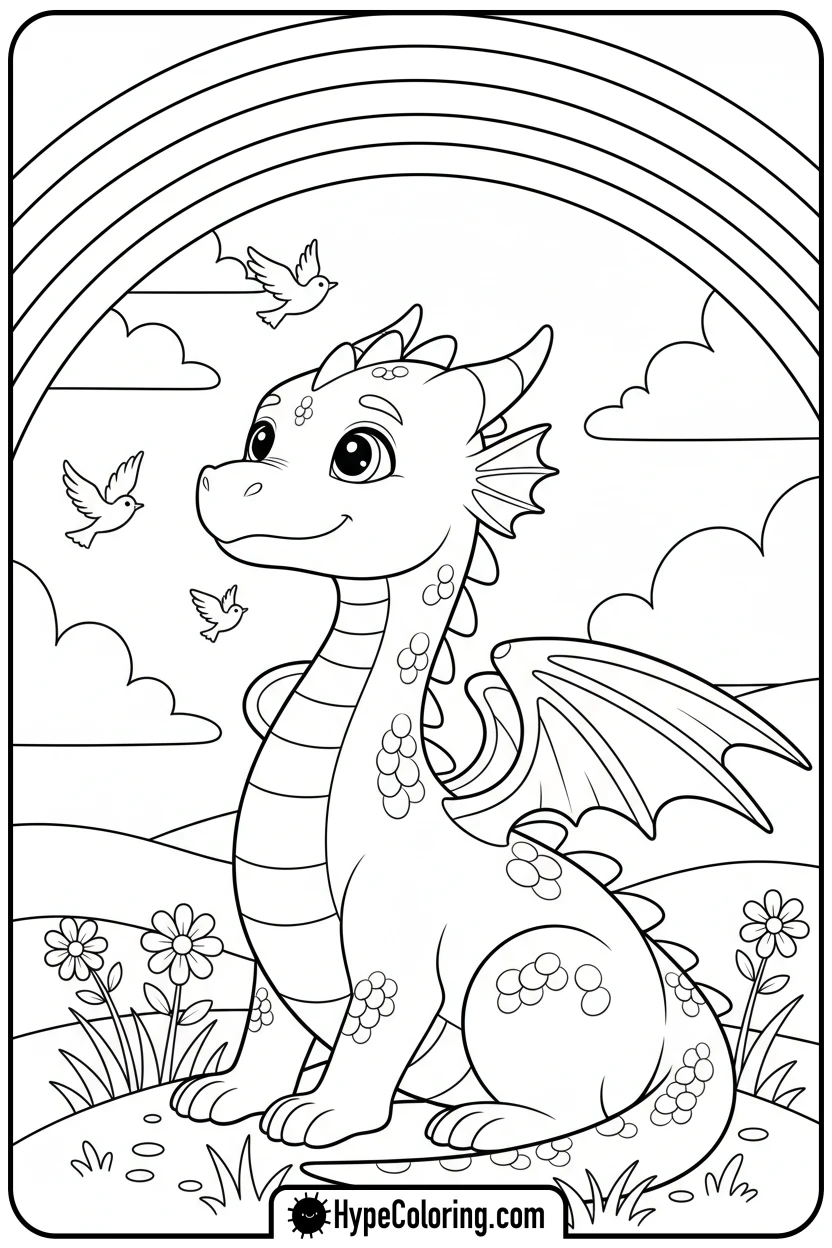 dragon-under-rainbow - dragon coloring sheet