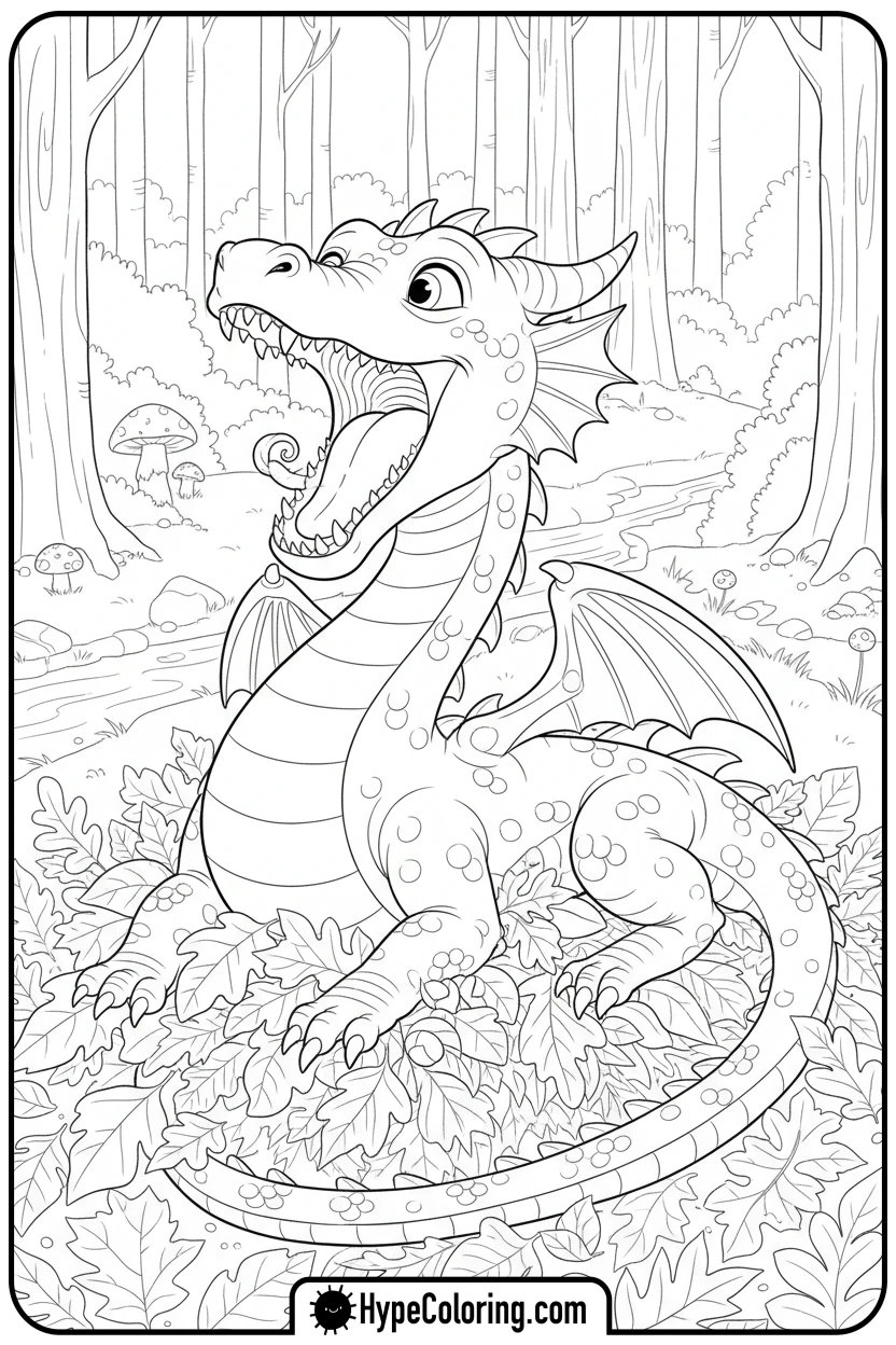 dragon-yawning-in-leaves - dragon coloring sheet