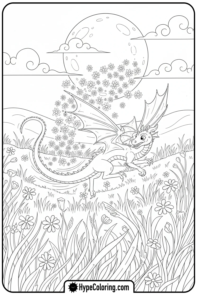 dragon-chasing-fireflies - dragon coloring sheet
