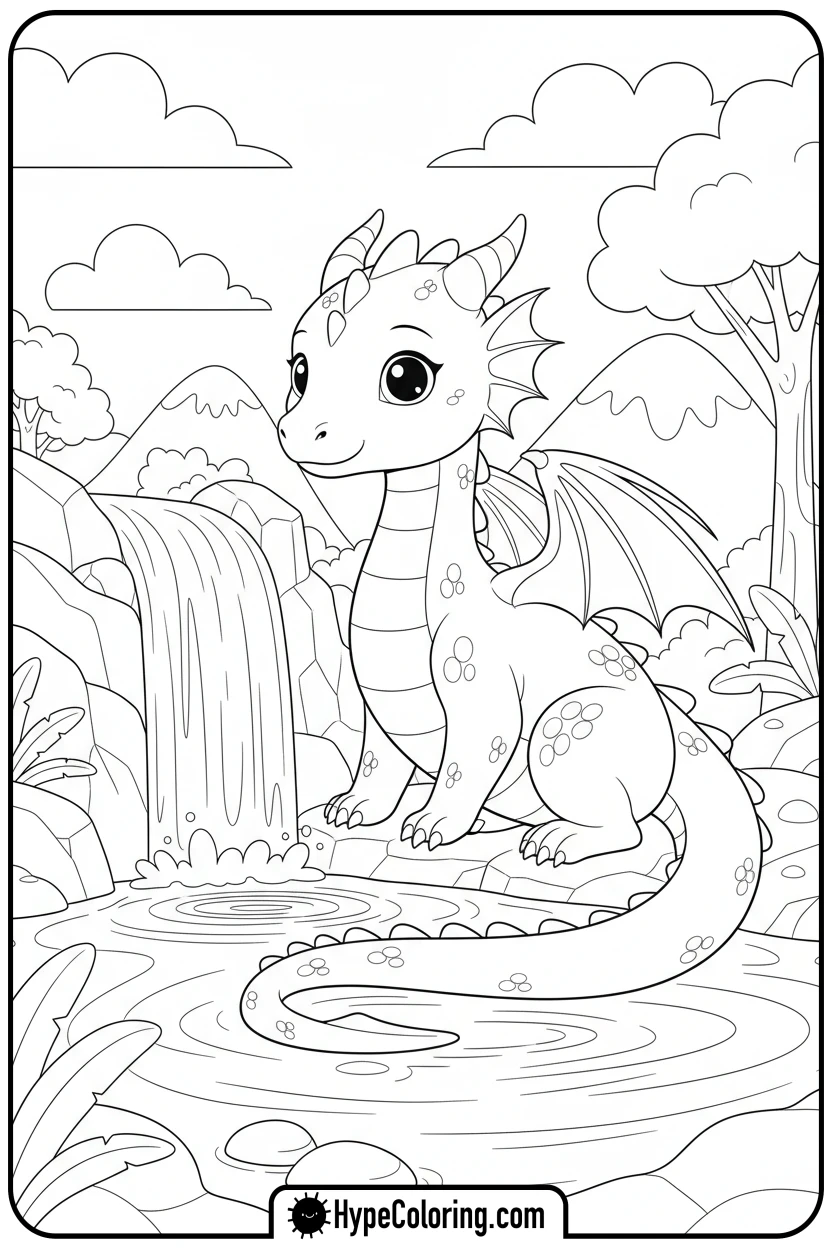 dragon-by-waterfall - dragon coloring sheet