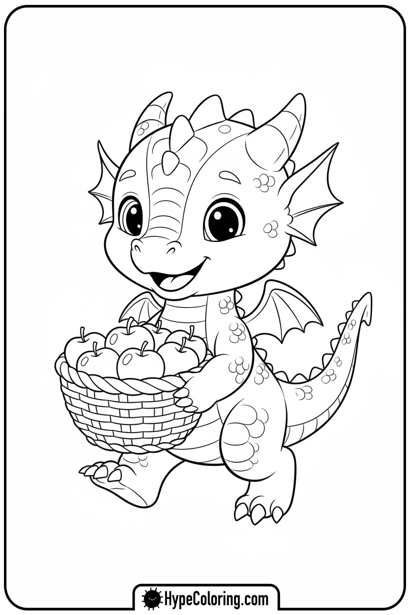 dragon-carrying-apple-basket - dragon coloring sheet