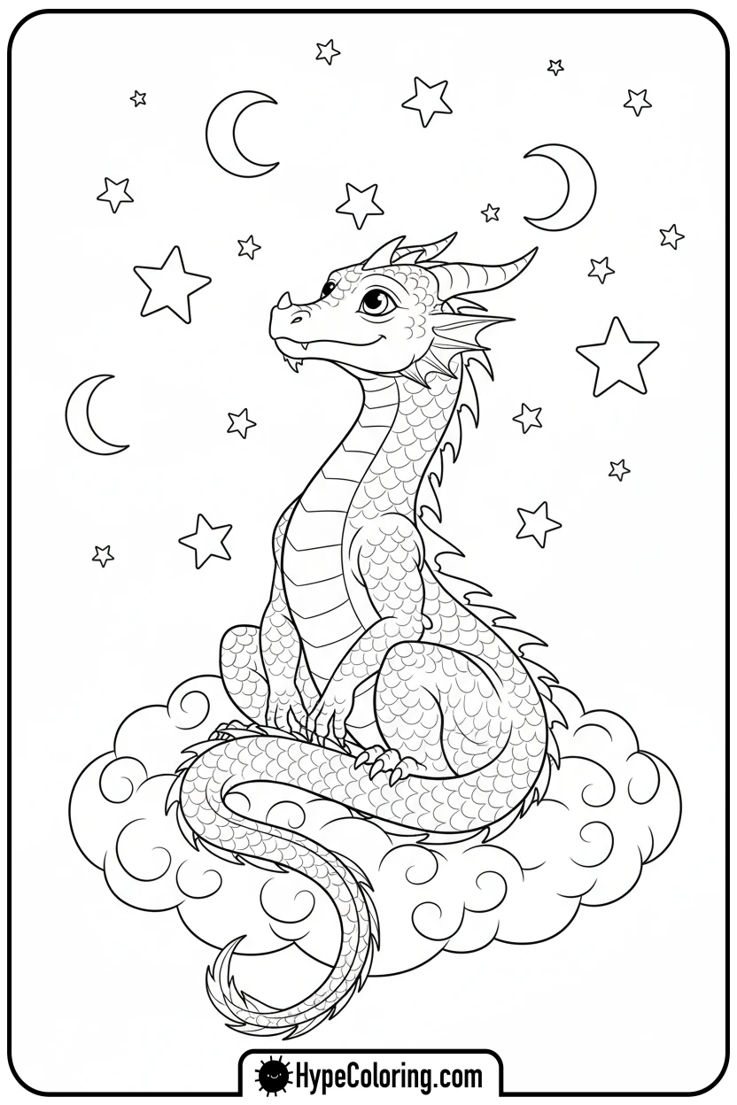 dragon-stargazing-on-cloud - dragon coloring sheet