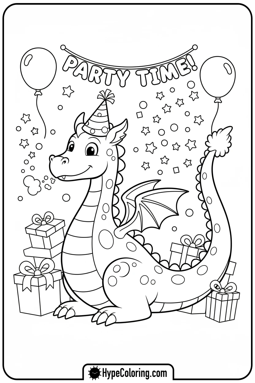 dragon-blowing-confetti - dragon coloring sheet