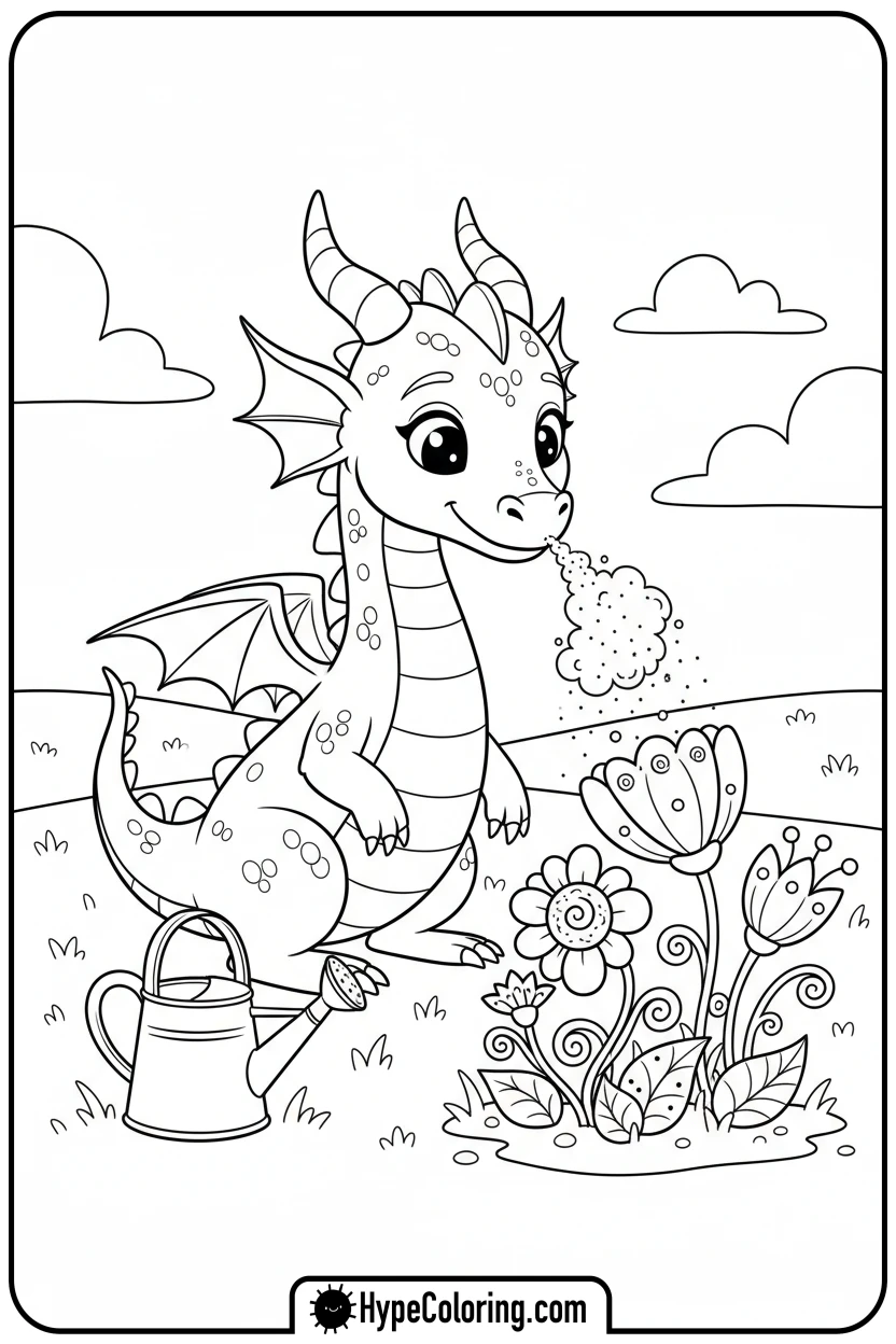 dragon-watering-flowers - dragon coloring sheet