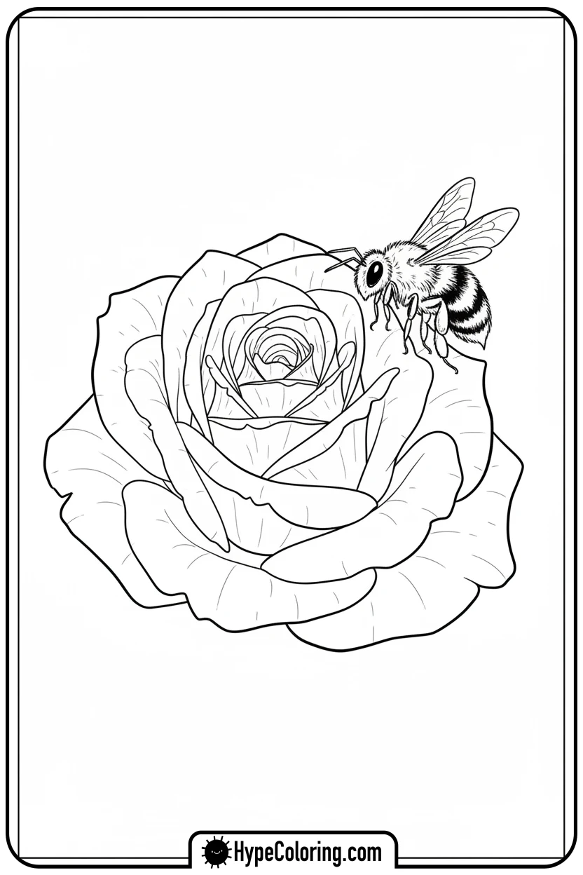 bee-on-a-rose - flower coloring sheets
