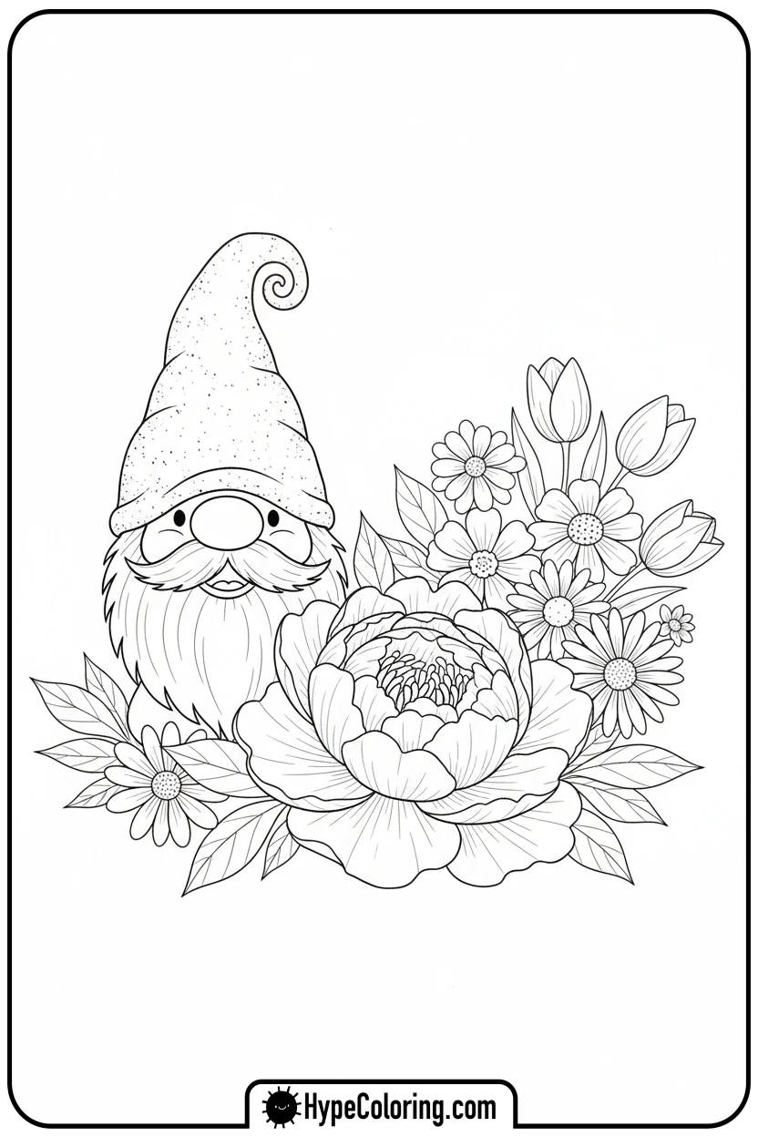 gnome-hiding-in-flowers - flower coloring sheets