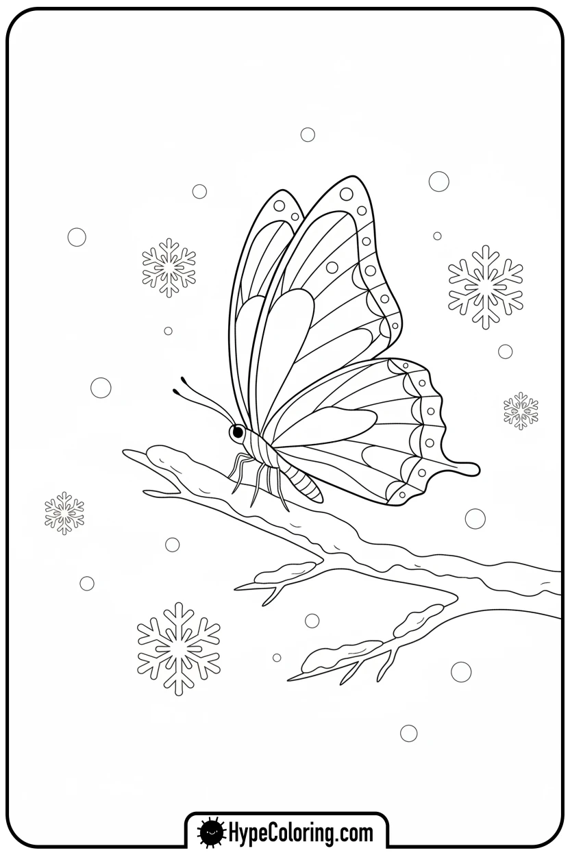 winter-butterfly-on-branch - butterfly coloring sheet