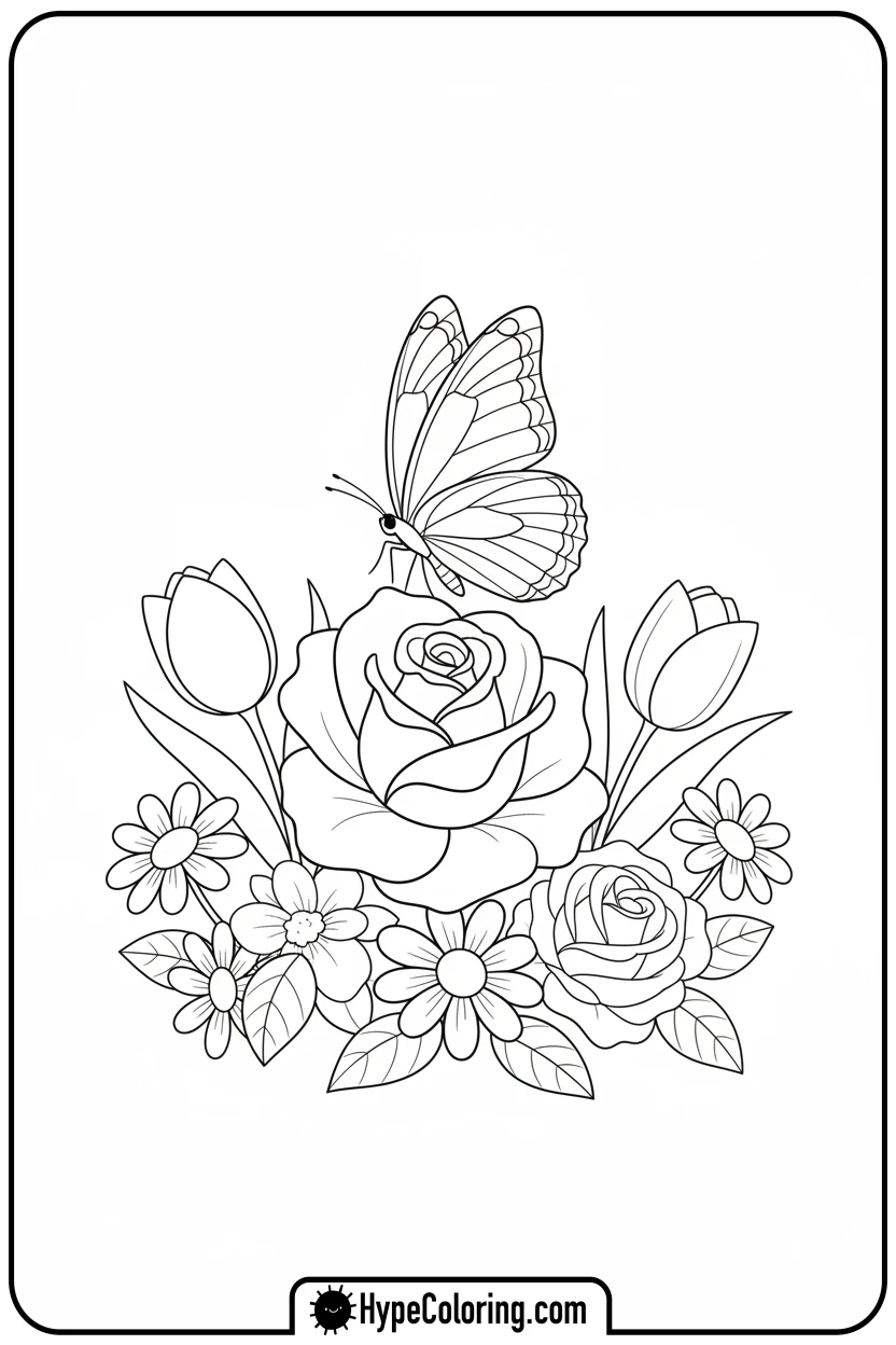 butterfly-in-a-flowerbed - butterfly coloring sheet