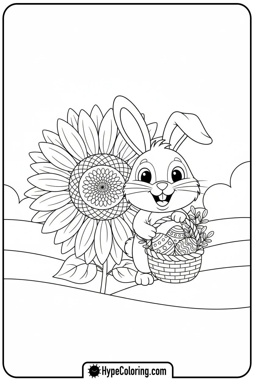 bunny-with-sunflower-and-eggs - spring coloring sheets