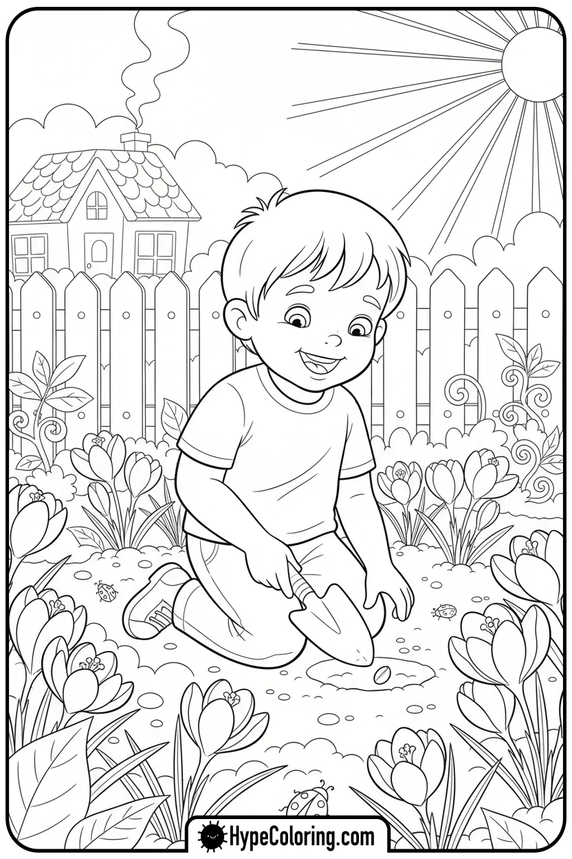 child-planting-seed-in-garden - spring coloring sheets
