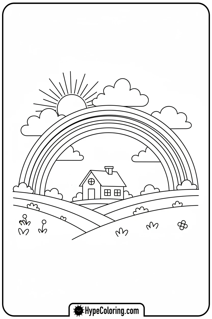 rainbow-over-farmhouse - spring coloring sheets