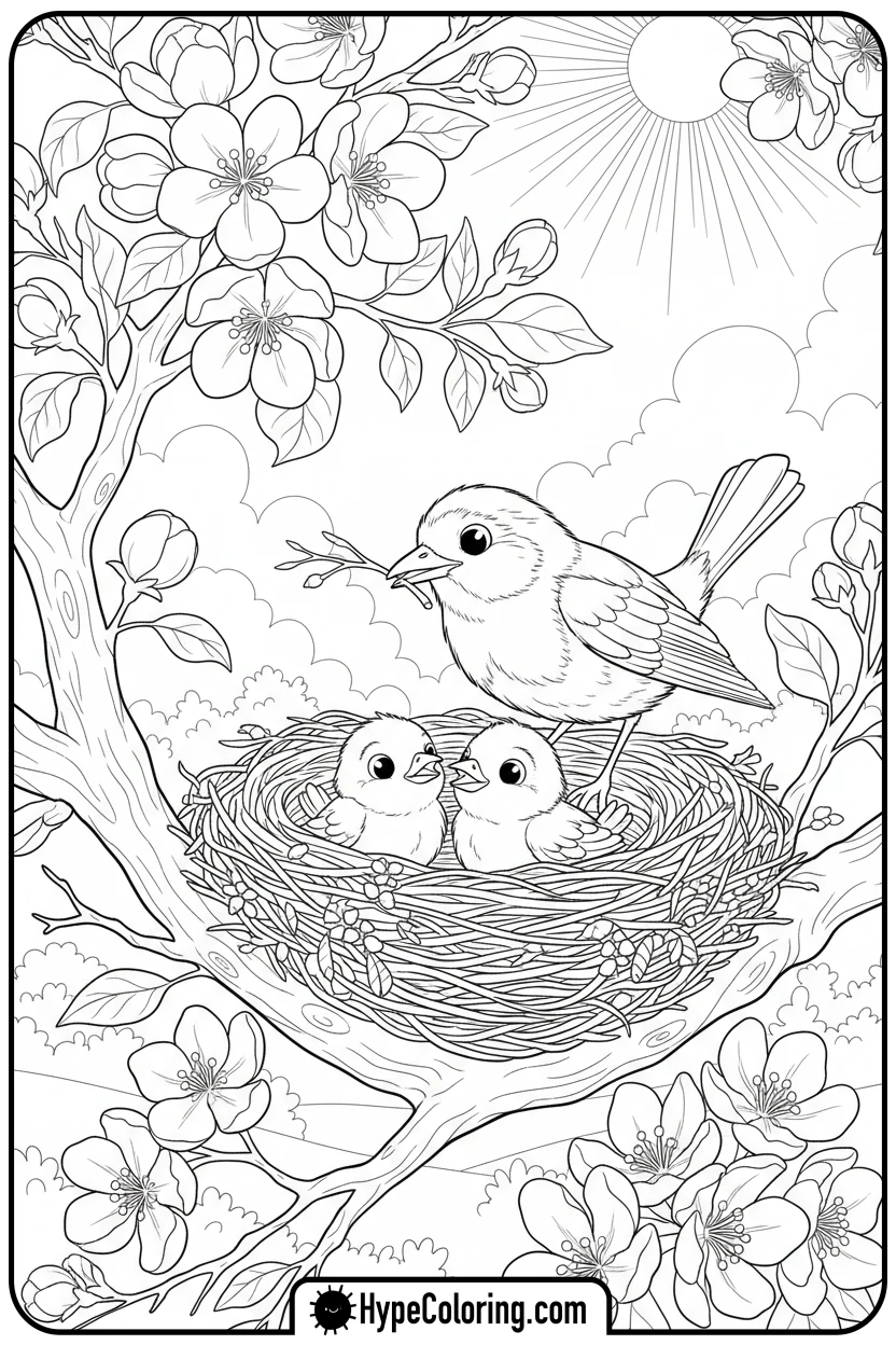 robin-building-nest - spring coloring sheets