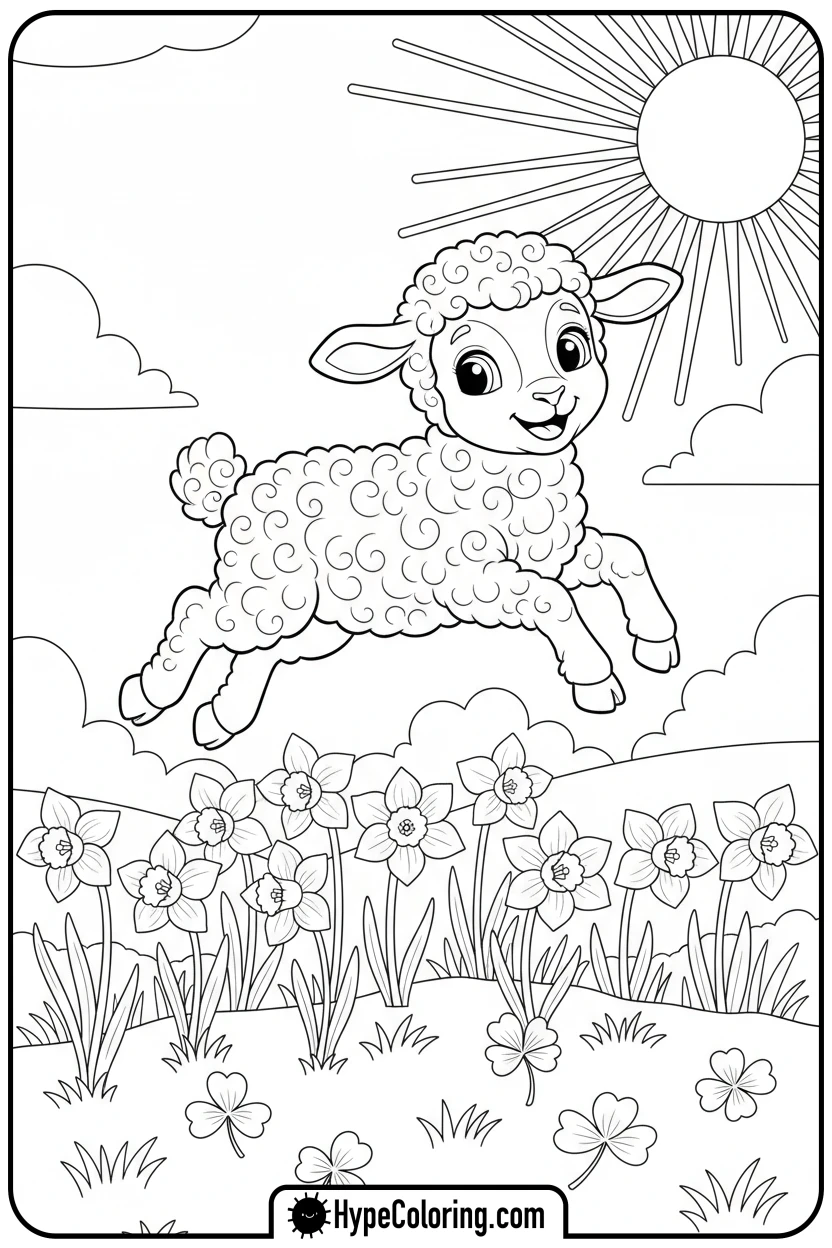 lamb-jumping-over-daffodils - spring coloring sheets
