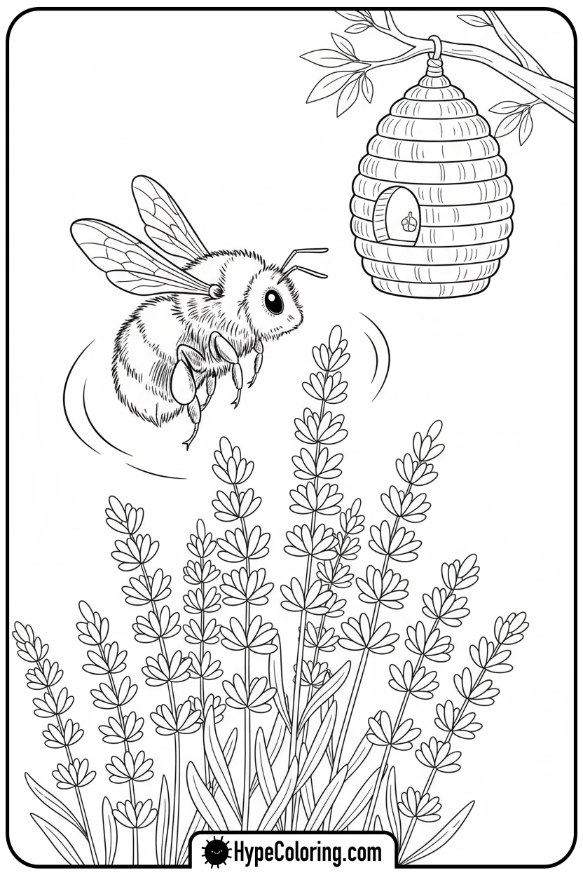 bee-flying-to-lavender - spring coloring sheets