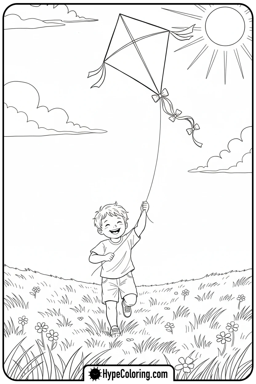 child-flying-kite-in-field - spring coloring sheets