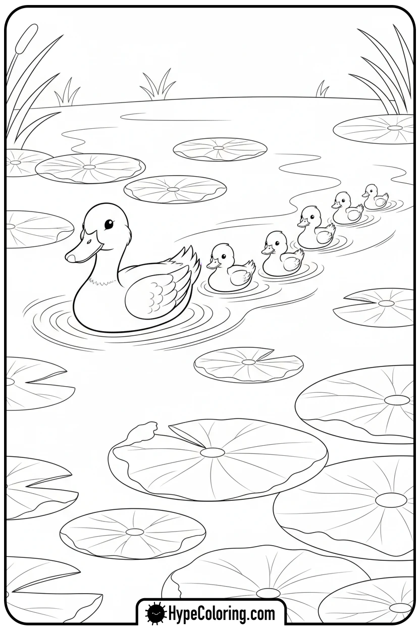 ducklings-swimming-in-pond - spring coloring sheets
