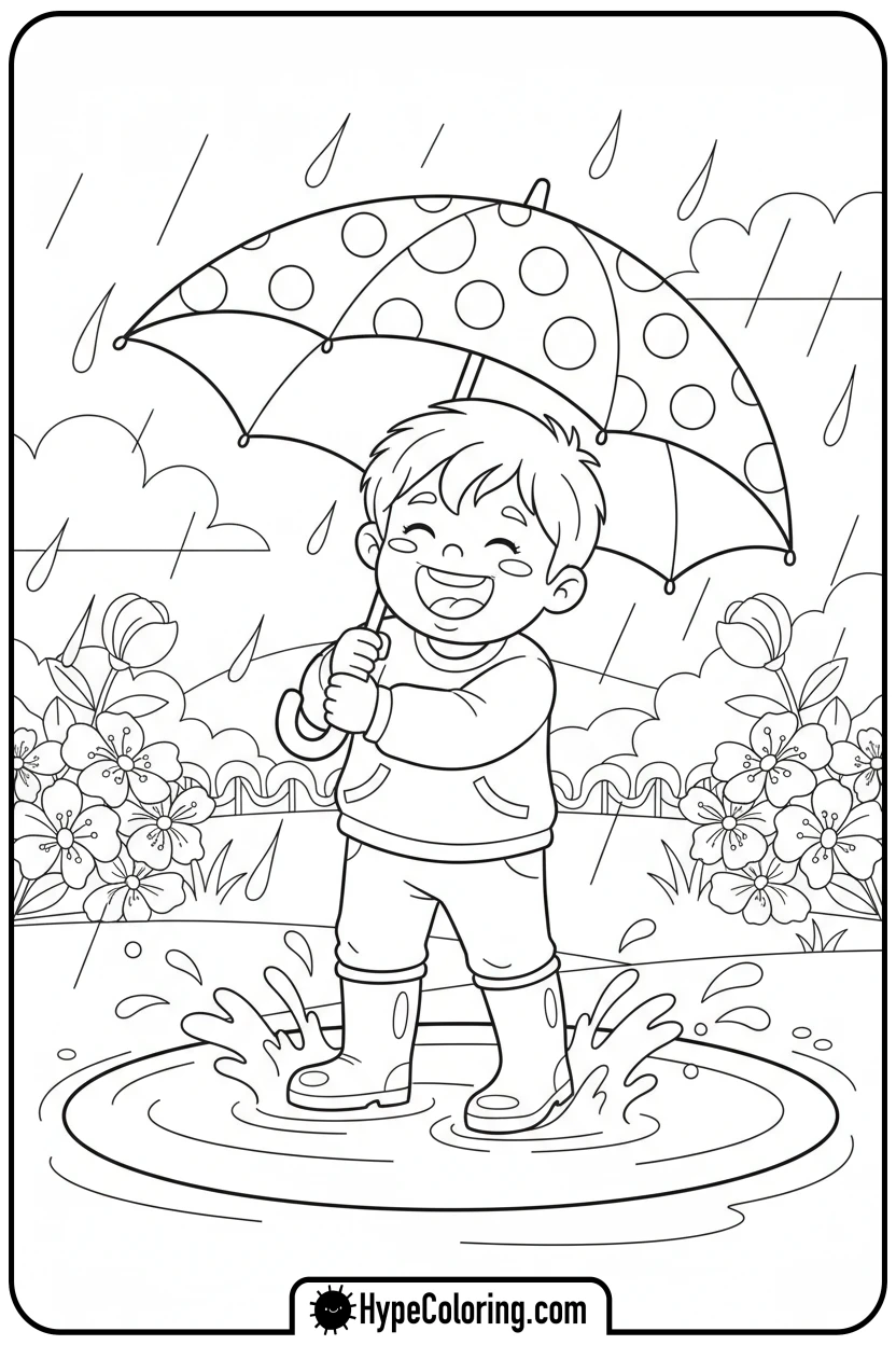 child-splashing-in-puddle - spring coloring sheets