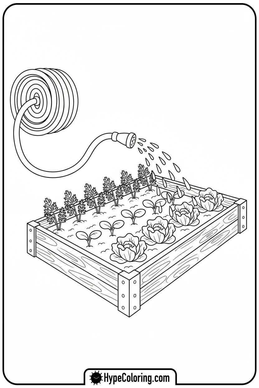garden-hose-watering-vegetables - spring coloring sheets