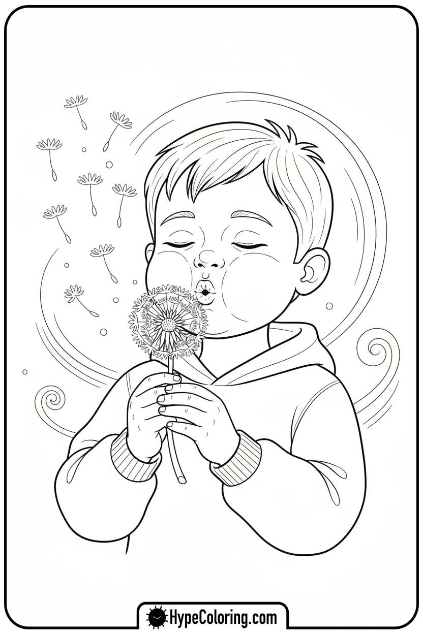 child-blowing-dandelion-seeds - spring coloring sheets