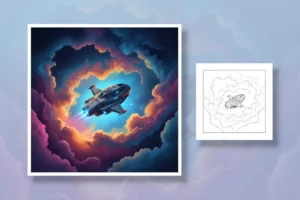 a-small-advanced-spaceship-flying - space coloring pages