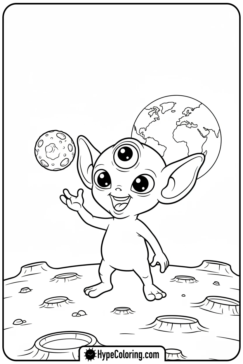 alien-playing-catch-on-moon - space coloring pages