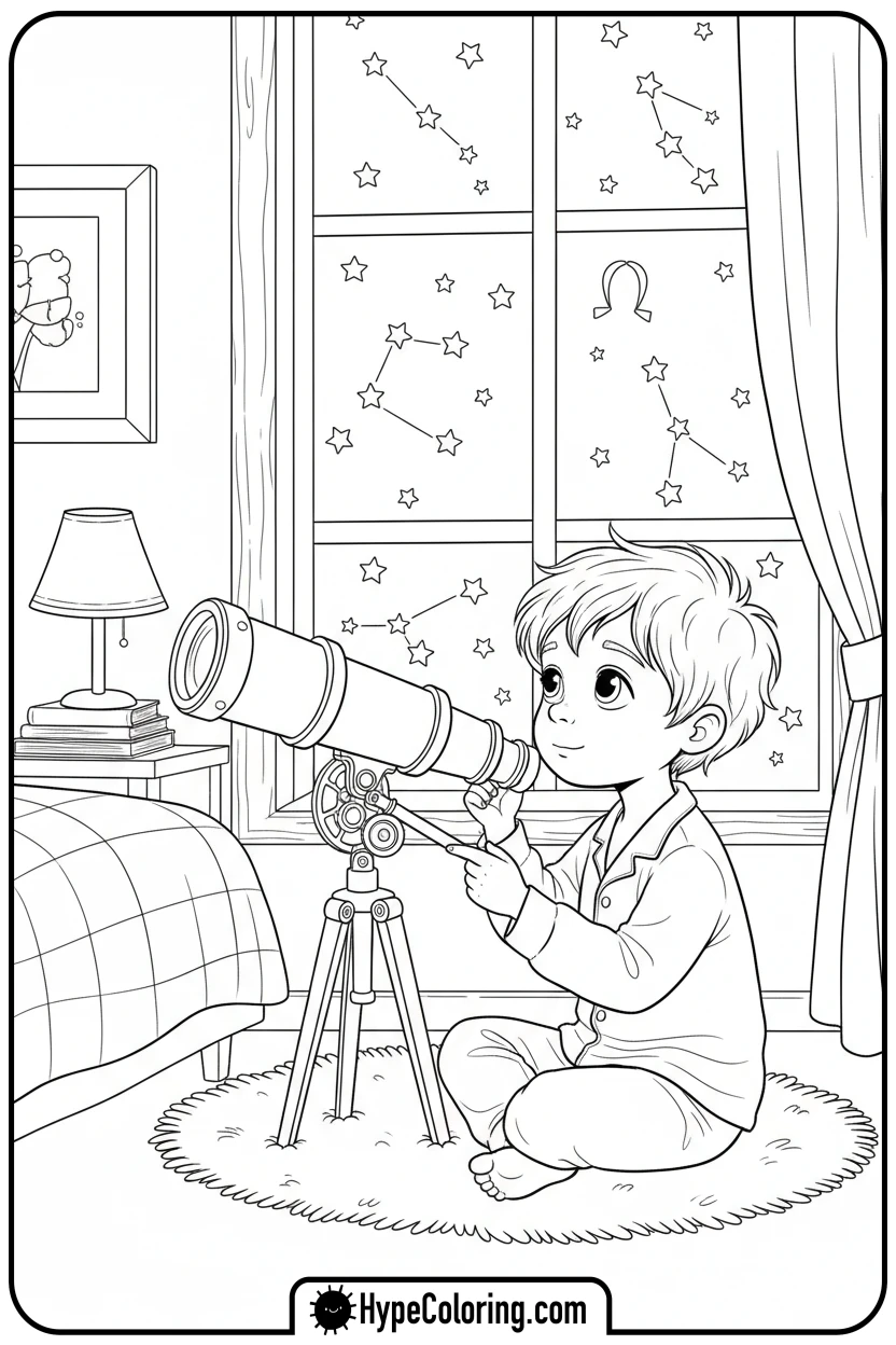 child-looking-through-telescope - space coloring pages