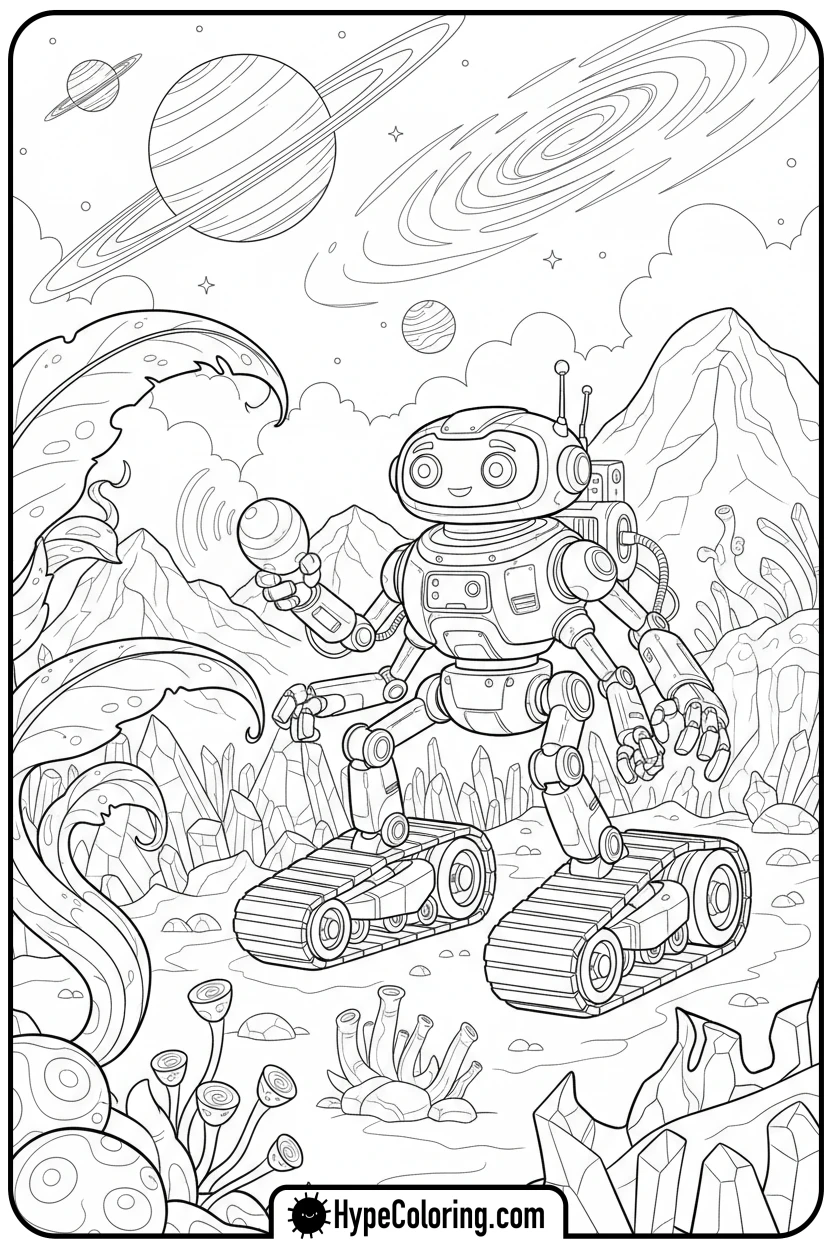 robot-exploring-alien-planet - space coloring pages