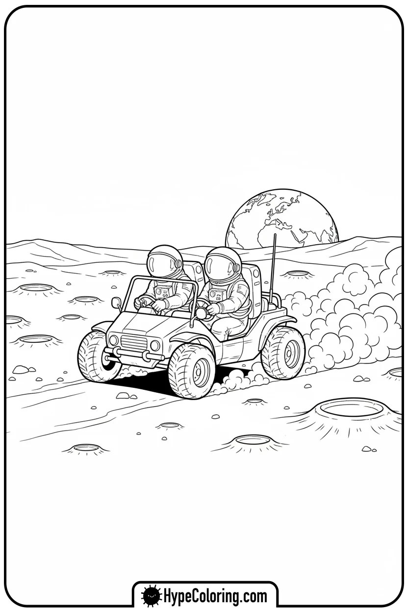 astronauts-driving-moon-buggy - space coloring pages