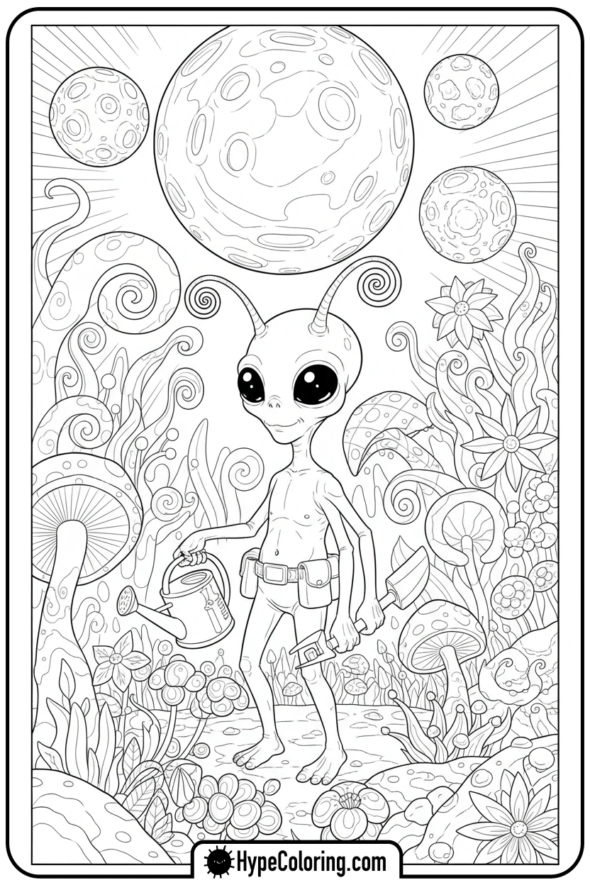 alien-tending-space-garden - space coloring pages