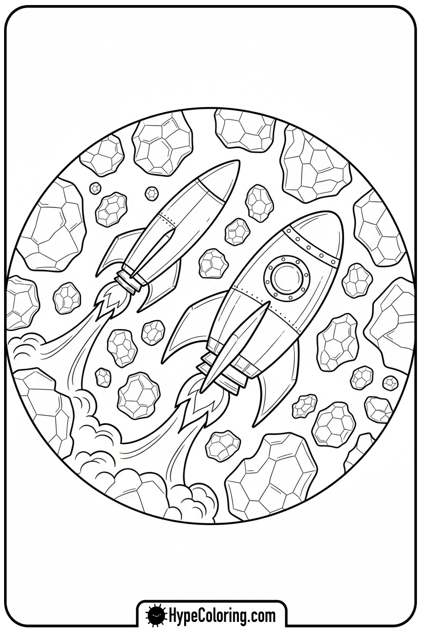 rockets-racing-through-asteroids - space coloring pages