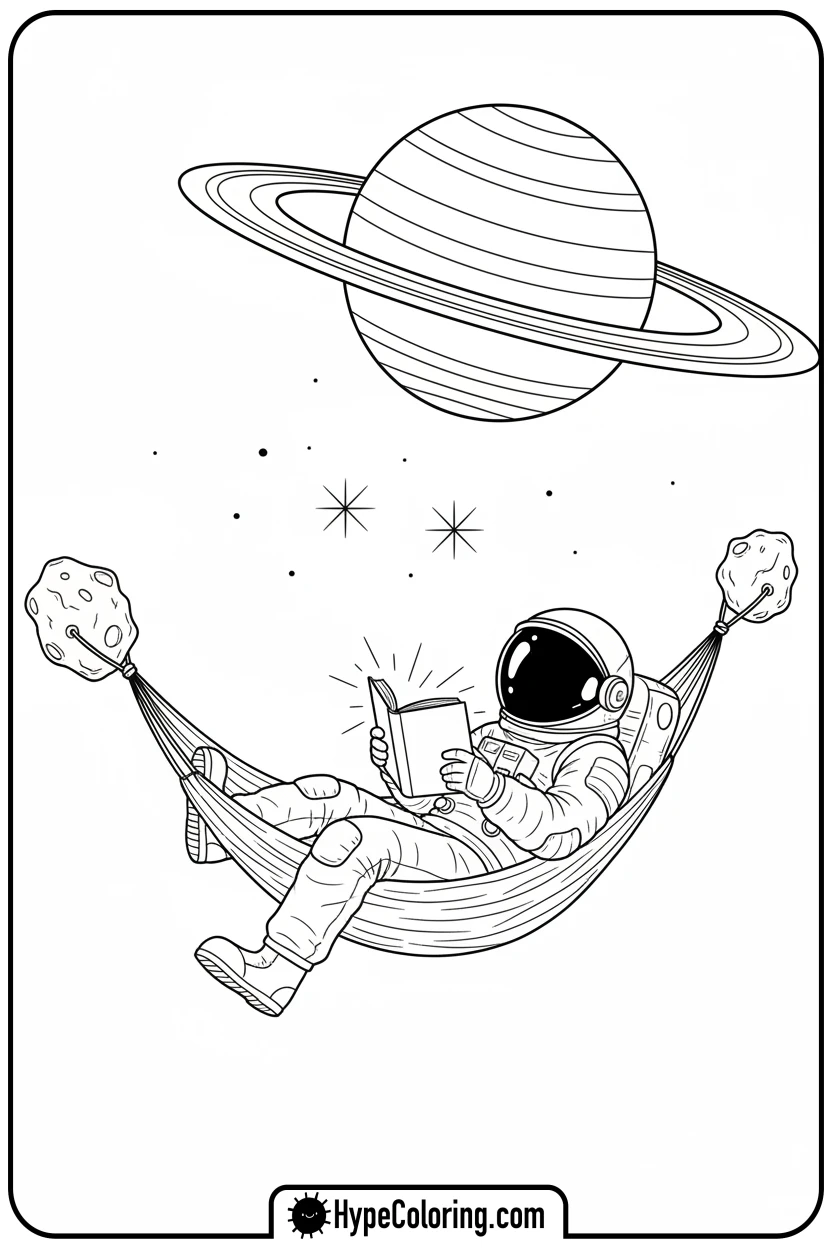 astronaut-reading-in-space-hammock - space coloring pages