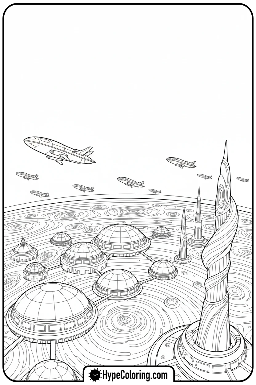 alien-planet-with-futuristic-city - space coloring pages