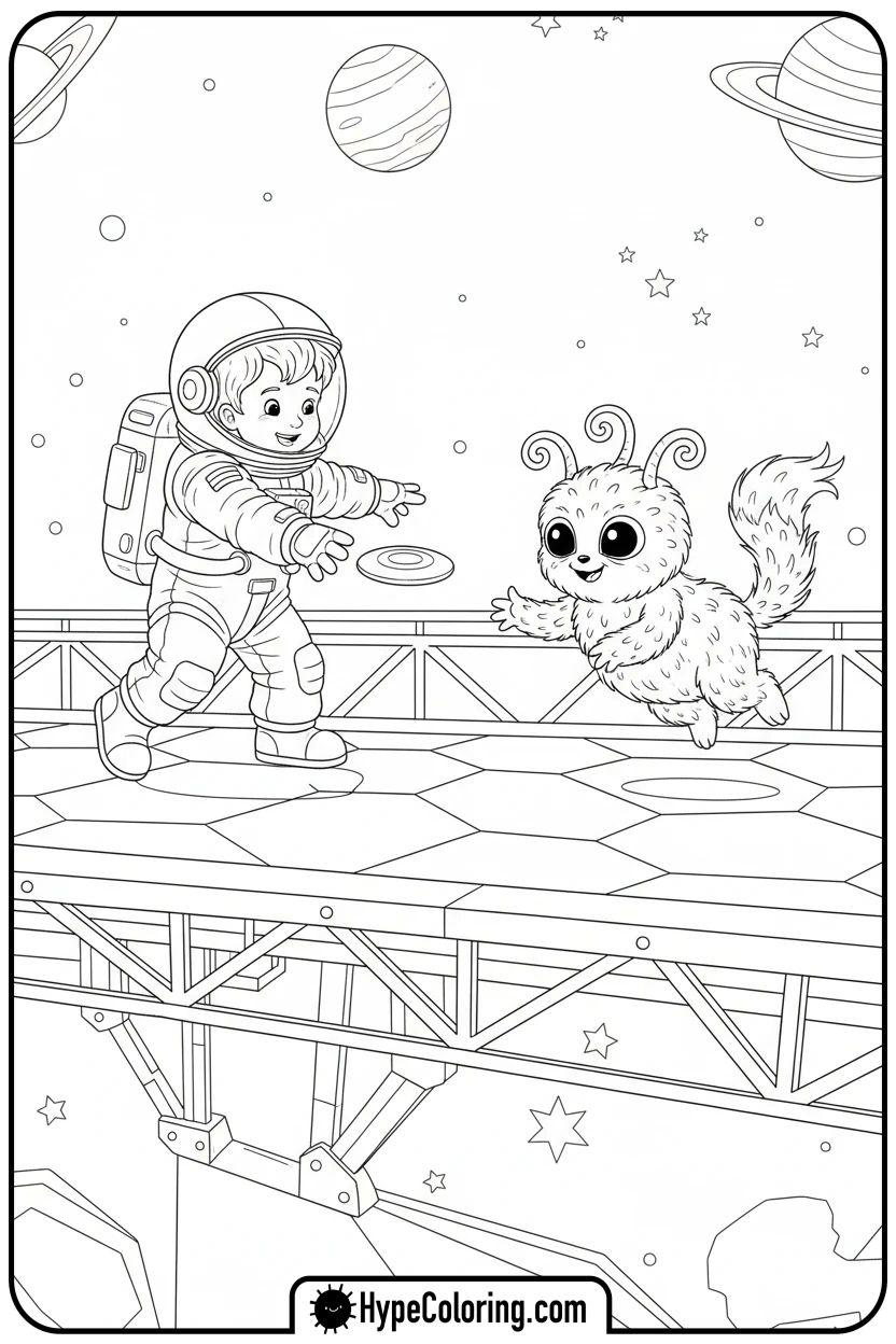 child-astronaut-with-alien-pet - space coloring pages