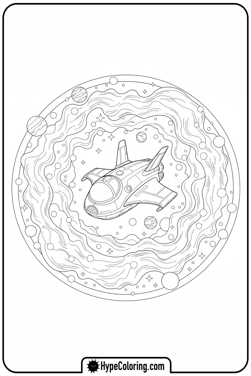spaceship-flying-through-nebula - space coloring pages