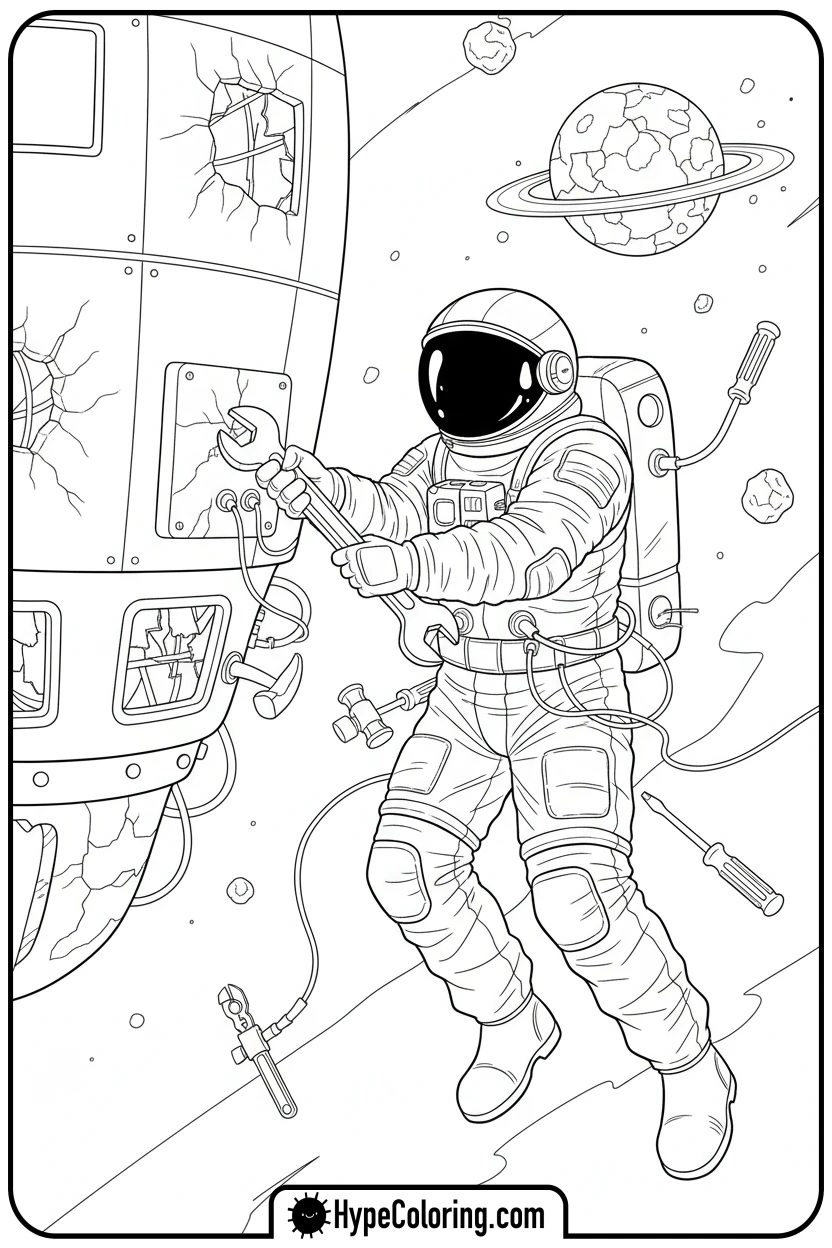 astronaut-repairing-damaged-spaceship - space coloring pages