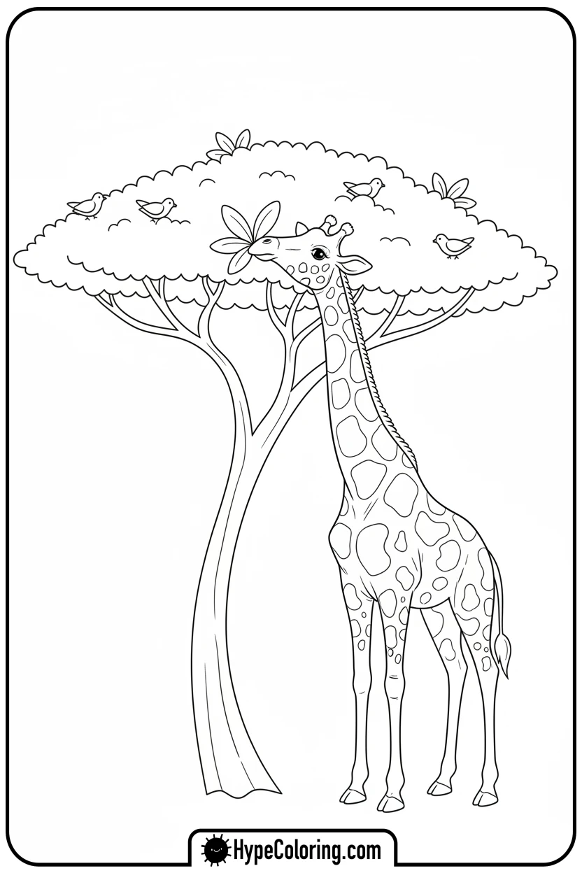 giraffe-eating-leaves-from-tall-tree - giraffe coloring pages