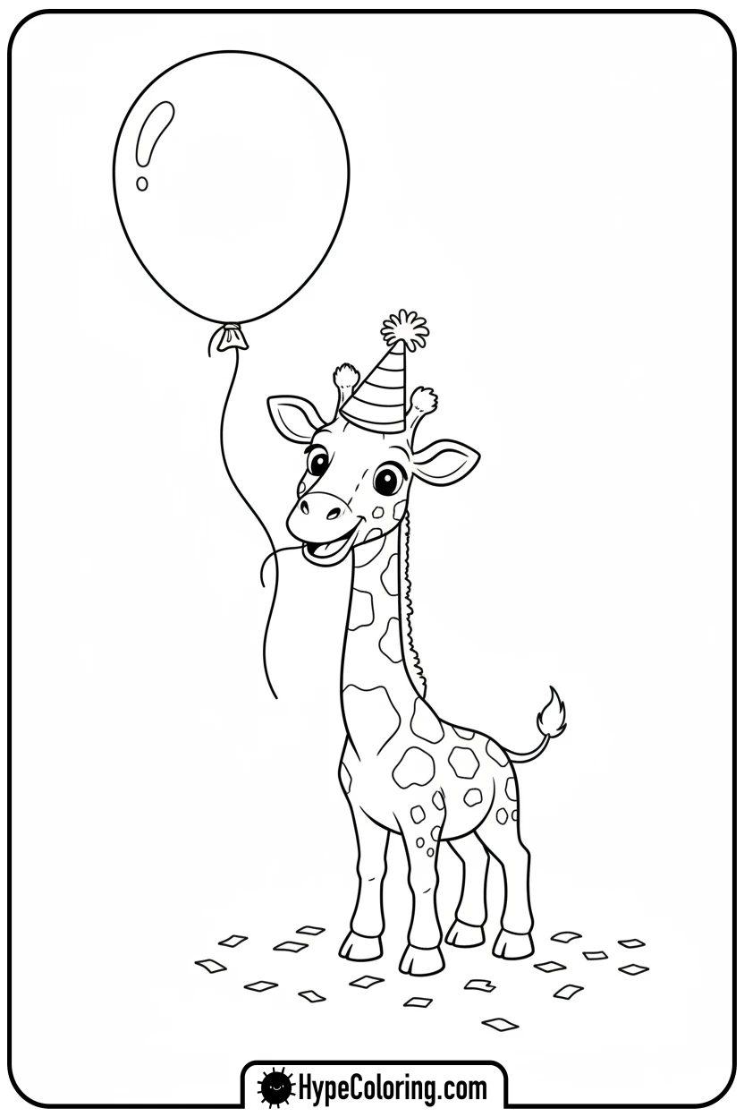 giraffe-with-party-hat-and-balloon - giraffe coloring pages