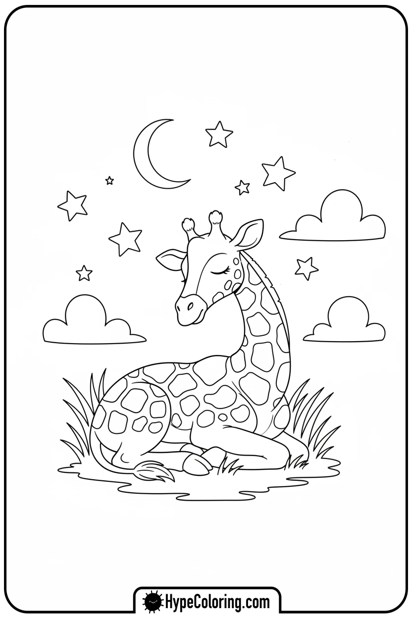 sleeping-giraffe-under-stars - giraffe coloring pages