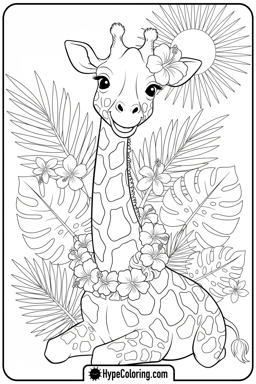 giraffe-wearing-flower-lei - giraffe coloring pages