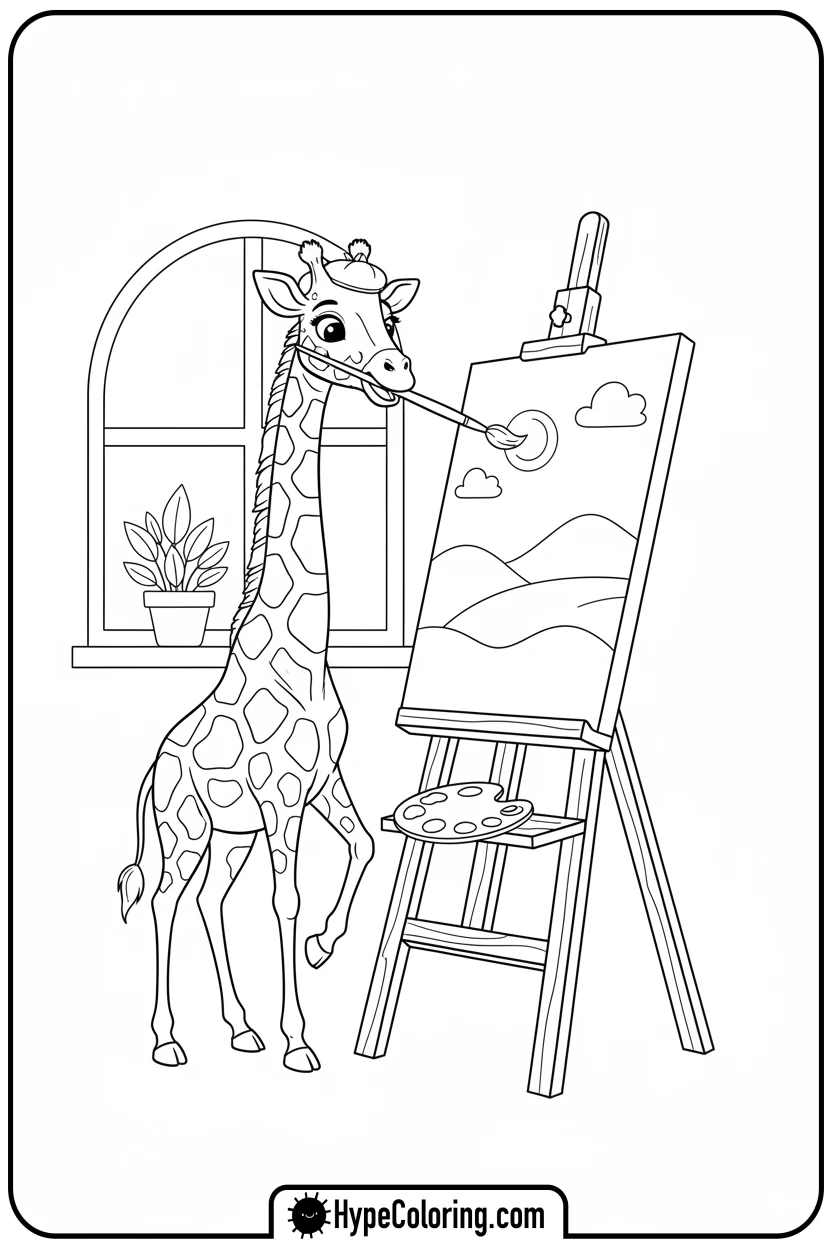 giraffe-painting-on-easel - giraffe coloring pages