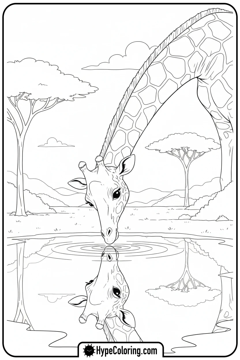 giraffe-looking-at-reflection - giraffe coloring pages