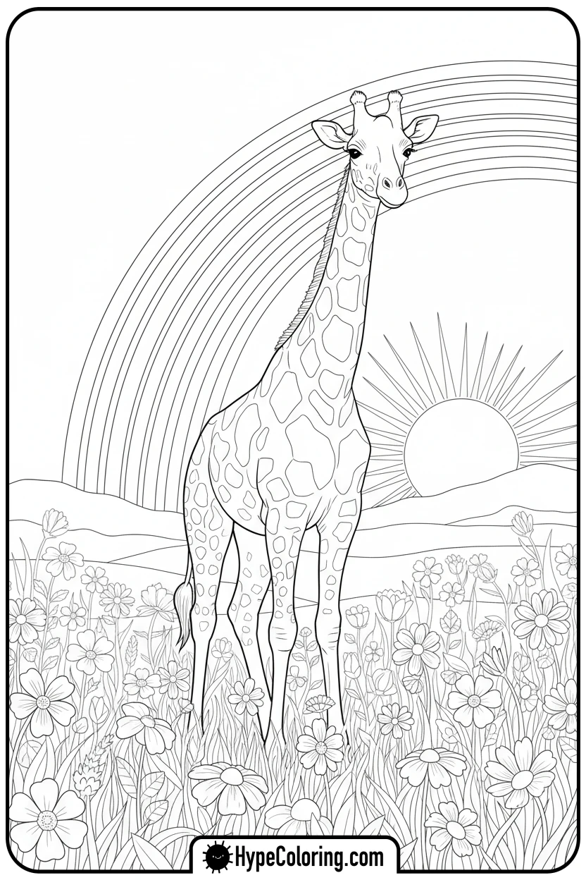 giraffe-under-a-rainbow - giraffe coloring pages