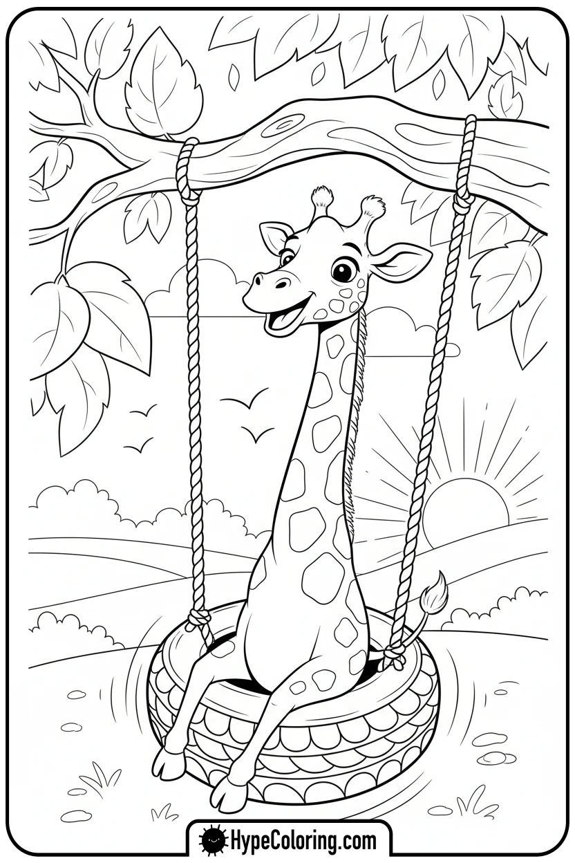 giraffe-on-a-swing - giraffe coloring pages