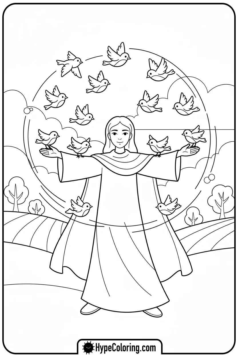 character-with-open-arms-and-birds - bold and easy coloring pages