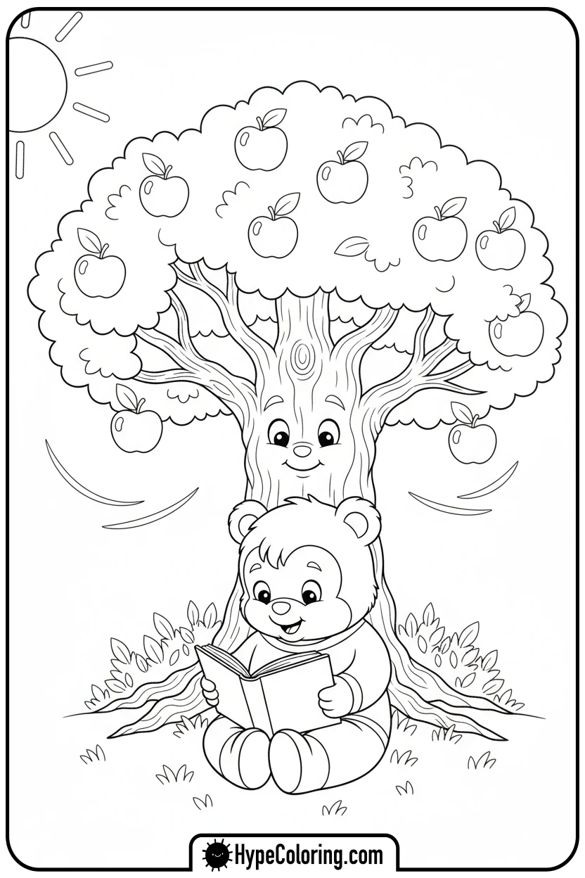 character-reading-under-apple-tree - bold and easy coloring pages